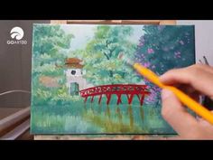 someone is painting a red bridge in front of some trees and bushes with yellow crayons