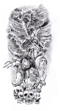 a pencil drawing of an angel surrounded by skulls and other things on a white background