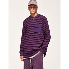 Autumn Retro Striped Pullover T-Shirt  Material: 100% Cotton  Size: M, L, XL Color: Purple, Dark Green  Season: Spring, Fall,   Occasion: Leisure, Outdoor, Daily, Vacation,Fall Outfits Purple Relaxed Fit Sweater For Streetwear, Fall Crew Neck T-shirt With Pockets, Purple Cotton Crew Neck Sweater, Striped Long Sleeve T-shirt For Streetwear, Striped Long Sleeve Tops For Streetwear, Purple Casual Sweatshirt With Pockets, Casual T-shirt With Ribbed Cuffs For Layering, Oversized Purple Crew Neck Sweatshirt, Purple Crew Neck Tops With Ribbed Cuffs