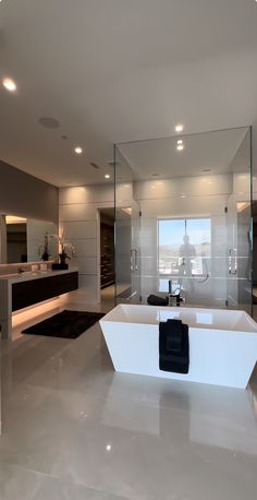 a bathroom with a large bathtub in it's center surrounded by glass walls