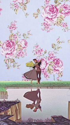 an image of a woman walking across a bridge with flowers on the wall behind her