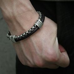 Ships Within 7-9 Days New Classic Black Bracelets With Oxidized Finish, Classic Black Chain Bracelet For Everyday, Classic Engraved Silver Leather Bracelet, Classic Black Bracelets With Silver Chain, Classic Black Bracelet With Silver Chain, Modern Black Leather Bracelet With Sterling Silver, Adjustable Black Oxidized Bracelet, Modern Black Leather Bracelet, Black Metal Chain Bracelet With Oxidized Finish