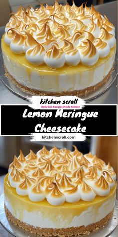 lemon meringue cheesecake with whipped cream on top is shown in two separate images