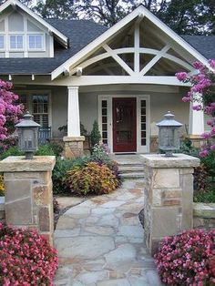 a collage of photos showing the front entrance to a house with flowers and plants