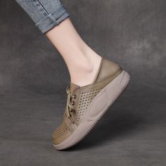 Step into a world of fashion-forward comfort with our Women's Leather Hollow Lace Up Sports Wind Casual Shoes. Designed to seamlessly blend style and functionality, these shoes are the perfect addition to your daily life, offering unmatched breathability and comfort. pattern: plain Insole material: first layer pigskin Applicable scene: daily life Toe shape: round head Color: khaki, beige Upper height: low top Upper material: first layer of cowhide (except cow suede) Heel height: middle heel (3-5 Casual Slip-on Sneakers With Removable Insole For Walking, Casual Flat Lace-up Shoes With Perforated Toe Box, Casual Lace-up Shoes With Removable Insole, Comfortable Slip-on Sneakers With Round Toe For Walking, Trendy Cushioned Slip-on Walking Shoes, Casual Leather Slip-on Sneakers For Walking, Comfortable Beige Walking Shoes, Flat Heel Slip-on Sneakers With Rubber Sole For Walking, Leather Slip-on Sneakers For Outdoor With Round Toe