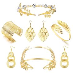 PRICES MAY VARY. 🪶GREEK GODDESS ACCESSORIES🪶 One order includes 2Pcs gold leaf crowns, 2 pairs dangle earrings, 1pcs golden upper arm coil cuff armlet & 1pcs leaf upper armbands. Beautiful and exquisite in appearance, Showing noble and elegant, Whether it is worn with or alone is a good choice. 🌱GREEK STYLE DESIGN🌱 Greek goddess crown headband and upper arm coil bracelet are designed with laurel leaves, Beautiful appearance, Elegant wearing, The are flexible, You can bend them gently and car Goddess Costume Accessories, Laurel Leaf Crown, Greek Bracelet, Gold Leaf Crown, Toga Costume, Goddess Crown, Greek Goddess Costume, Leaf Crown, Leaves Headband