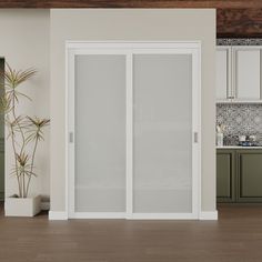 an empty kitchen with white cabinets and glass doors