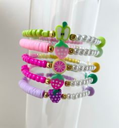 Super cute fruity stacking bracelets. Fun to wear alone or mix and match. Bright colors, and fun bead combos. Bead Combos, Bead Bracelet Stack, Girls Friendship, Girl Friendship, Fun Bracelet, Stacking Bracelets, Seed Bead Bracelet, Seed Bead Bracelets, Cute Bracelets