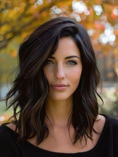 Shoulder Length Black Hair, Dark Fall Hair Colors, Dark Fall Hair, Wavy Hairstyle, Dark Brunette Hair, Modern Fall, Glam Hair