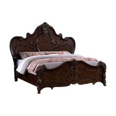 Rosy King Size Bed, Carved Details, Turned Legs, Cherry Brown Solid Wood By Casagear Home Queen Bed Frame Ideas, Gothic Beds, Gothic Bed, Vintage Bed Frame, Arched Headboard, Cherry Brown, Antique Beds, Small Bed, Double Bed Frame