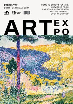 the cover of art expo magazine with an image of trees and mountains in the background