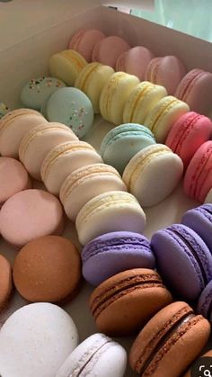 a box filled with lots of different colored macaroons