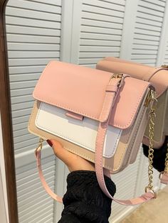 Multicolor Fashionable Collar  PU Leather Colorblock Square Bag Embellished   Women Bags Tas Chanel, Holiday Handbag, Custom Baggers, Gifts For Nan, Sacs Design, Pretty Bags