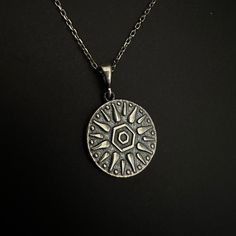 "Little Glowing Sun Symbol Pendant, Ancient Sun Charm Necklace, 925 Sterling Silver Sun Necklace, Mythological Talisman, Meditation Jewelry Little Glowing Sun Charm 𓁿 Glowing Sun \"Charm of Relief\" is here to relieve your mind and will whisper magical words to your heart - Spiritual Collection Item Details, ✔️ Made of certified 925k sterling silver ✔️ Oxidized Silver ✔️ Diameter of the pendant is 1.6 cm (0.63 inches) ✔️ You can order the pendant with chain or with no chain. ✔️ Free, Express, and Insured Shipping ✔️ Minimalist design You can check out more jewelry from NorseJewelryArt via following link: https://www.etsy.com/shop/NorseJewelryArt * All jewelry comes in well packaged, beautiful jewelry boxes ready to gift * All items and chains are made of 925 sterling silver or natural gem Antique Silver Etched Sterling Silver Necklace, Spiritual Sterling Silver Etched Necklaces, Spiritual Sterling Silver Necklaces With Oxidized Finish, Spiritual Etched Sterling Silver Necklaces, Spiritual Sterling Silver Necklace With Oxidized Finish, Spiritual Etched Sterling Silver Necklace, Sterling Silver Amulet Necklace With Oxidized Finish, Sterling Silver Amulet Medallion Necklace, Symbolic Antique Silver Necklace Stamped 925