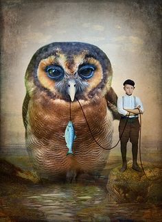 an owl is standing next to a man with a rope on it's neck