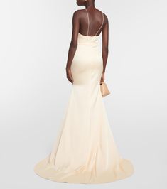 Drake Halterneck Cutout Satin Gown in Neutrals - Alex Perry | Mytheresa Sleek Gala Gown With Satin Finish, Sleek Satin Finish Gown For Gala, Sleek Gown With Satin Finish For Gala, Sleek Satin Evening Gown, Sleek Floor-length Satin Gown, Sleek Evening Gown With Satin Finish, Sleek Floor-length Bias Cut Gown, Silk Floor-length Halter Dress For Wedding, Silk Floor-length Halter Wedding Dress