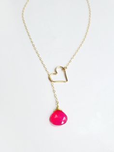 Heart Lariat Necklace - Hot Pink Gemstone Necklace With Dangling Heart Girlfriend Necklace Gift, Pink Gemstone Necklace, Gold Lariat Necklace, Diamond Bar Necklace, Dainty Diamond Necklace, Pink Chalcedony, Chalcedony Earrings, Heart Necklace Diamond, Necklace For Girlfriend