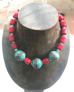 I've got this huge mosaic beads from an Afghan shop a few years ago.The  red dyed coral are from China .I love the combination of red coral and blue turquoise. The necklace is 45 cm. long  but if you wish to add a few beads more , please convo me. This necklace  goes well with simple dress or boho style! Your necklace will be wrapped with bubble and packed nicely in a gift box. Red Coral Spiritual Necklaces, Spiritual Red Coral Necklaces, Spiritual Red Coral Necklace, Artisan Red Coral Necklace With Large Beads, Spiritual Red Coral Necklaces With Large Beads, Spiritual Red Coral Necklace With Large Beads, Red Artisan Necklace With Round Beads, Red Coral Beaded Necklaces With Large Beads, Artisan Red Necklace With Round Beads