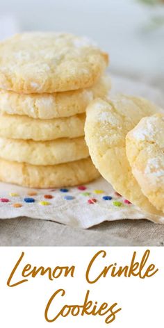 lemon crinkle cookies stacked on top of each other with the words, lemon crinkle cookies