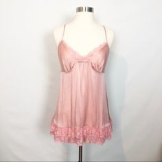 Silk Chemise With Lace Detail. Adjustable Straps New Without Tags. Never Been Worn Bust : 18” Length : 30” I0337 Feminine V-neck Camisole For Pajama Party, Flirty Pink V-neck Sleepwear, Pink Lace Trim Camisole In Coquette Style, Pink Lace Trim Coquette Camisole, Feminine Camisole For Daywear, Feminine Spaghetti Strap Camisole For Pajama Party, Pink Summer Bedtime Camisole, Pink Camisole With Lace Trim And Spaghetti Straps, Pink Lace Trim Camisole With Spaghetti Straps