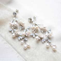 Floral pearl earrings for bride - LOLITA - Treasures by Agnes Delicate Pearl White Flower Earrings, Delicate Flower-shaped Pearl Earrings For Wedding, Elegant Flower-shaped Pearl Earrings For Wedding, Pearl White Flower-shaped Wedding Earrings, Elegant Pearl White Flower-shaped Earrings, Floral Hoops, Polymer Clay Flowers, Clay Flowers, Opal Crystal