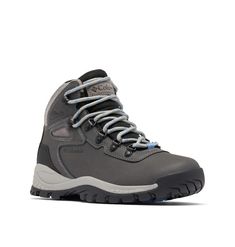 the columbia hiker waterproof boot in grey with blue laces on the outstep