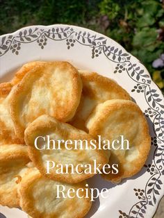 some fried pancakes are on a plate with the words, chemslach pancakes recipe