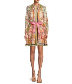 Antonio Melani Brynn Pink Scare Print Mock Neck Long Sleeve Self-Tie Belted Tiered Hem Button Front Dress Antonio Melani Dress Dillards, Scarf Print Dress, Casual Wedding Guest Dresses, Contemporary Dresses, Pink Scarf, Mock Neck Long Sleeve, Accessories Style, Pink Scarves, Daytime Dresses