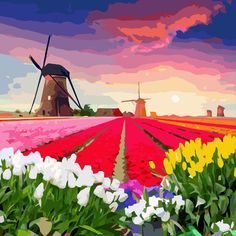 a painting of flowers and windmills in the background