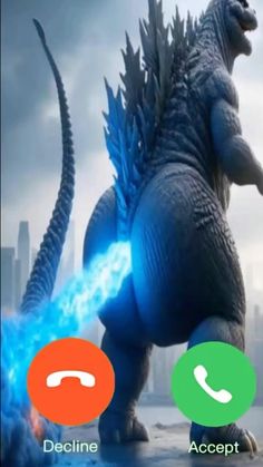 an image of a godzilla talking on the phone and holding a blue flame in his hand