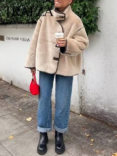 TRAFZA Women Casual Fleece Loose Coat High-Collar Button Coat Jacket 2024 Winter Fashion Thick Warm Europe Winter Fashion, Copenhagen Fashion Week Street Style, Winter Coat Outfits, New York Outfits, Women Turtleneck, Loose Coat, Europe Outfits, Copenhagen Fashion Week, Womens Turtleneck