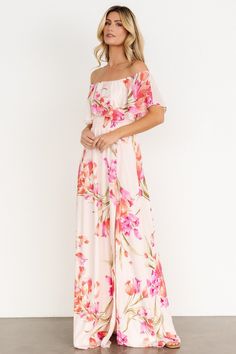 Daphne Off Shoulder Maxi Dress | Blush Floral Off The Shoulder Spring Dress, Blush Background, Fitted Maxi Skirt, Elegant Floral Dress, Summer Formal Dresses, Jcpenney Dresses, Baltic Born, Off Shoulder Maxi Dress, Dress Flowy