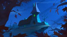 an animated image of a castle in the woods at night with leaves on the ground