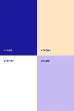 four different color swatches with the same font on each one, including blue, yellow and purple