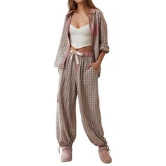 PRICES MAY VARY. Material: Women striped pajamas set made by polyester blend fabric. Soft, breathable, lightweight, skin friendly, stretchy, comfy to wear. Plaid print pajamas set for women, 2 piece sleepwear nightwear, long sleeve button down pjs set. Design: Long sleeve button down shirt, long sleeve top with pants, baggy loose fit, cute plaid pjs, striped pajamas set. Lapel v neck pajamas shirts, turn down collared, stripes print pjs set, relaxed fit blouse, checkered print tops, curved hem, Top In Pizzo, Plaid Shirt Outfits, Stylish Pajamas, Patchwork Shirt, Mode Design, Contemporary Chic, Turndown Collar, Pyjama Set, Womens Casual Outfits