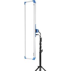 a tripod light on a white background with a blue and white stand in front of it