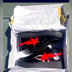 Brand New Never Worn Price Negotiable Designer Black Custom Sneakers With Red Sole, Black Bapesta, Bape Star, Fire Wallpapers, Bape Shoes, Y2k Outfits Men, Bape Black, Wallpapers Cartoon, Coconut Rice