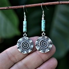 - 19mm fine silver spiral design disc - African turquoise bead - sterling silver ear wires Handmade Turquoise Beaded Metal Earrings, Turquoise Sterling Silver Earrings With Silver Beads, Turquoise Round Beaded Earrings With Ear Wire, Diy Earrings For Beginners, Turquoise Earrings With Silver Round Beads, Bohemian Turquoise Beaded Nickel-free Earrings, Diy Leather Earrings, Face Earrings, African Turquoise