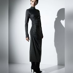 New! H&M Dark Gray Melange Calf-Lenght Dress. Long Sleeves, Slit At Side, Fitted. Midi. Size S Same Day Shipping On Everything Sheen Dress, Short Satin Dress, Sparkly Top, Turtleneck Dress, Dress H&m, Chiffon Dress Long, Slip Skirt, Mock Turtleneck, Draped Dress