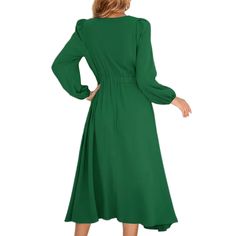 Green Bowknot Neckline A-line Elegant Midi Dress Flowy A-line Pleated Midi Dress, Solid Color Pleated A-line Maxi Dress, Flowy A-line Maxi Dress For Fall, Green A-line Midi Dress, Casual A-line Long Sleeve Dress, Green A-line Solid Color Midi Dress, Flowy A-line Maxi Dress, Casual Dresses With Surplice Neckline, Flowy Green Midi Dress Solid Color