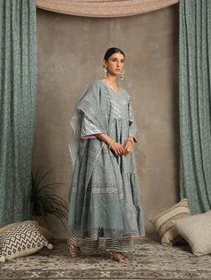 Neer Grey Cotton Printed Salwar Suit from Maison Shefali now available at Trendroots Printed Salwar Suit, City Palace Jaipur, Gota Work, Grey Colour Suit, Printed Dupatta, Festive Wear, Sewing Design, Salwar Suit, Kurta Set