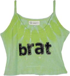 A nod to the Brat Summer trend, this cotton crop top combines nostalgic Y2K style with a bold, playful attitude. Featuring a vibrant lime green tie-dye pattern, this top stands out with a cheeky "brat" applique in bold black lettering, enhanced with small star details that add a fun touch of sass. #tlb #Sleeveless #Stonewash #Handmade #JuniorPetite #BRATTop Y2k Inspired Outfit, Green Tunic, Cotton Crop Top, Hippie Look, Trendy Skirts, Cotton Tank Top, Tunic Shirt, Y2k Style, Tie Dye Patterns