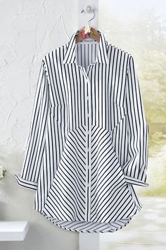 Pieced black-and-white stripes create an artful arrangement on this light tunic – designed in our soft, luxe-touch fabric that needs little or no ironing. Button front with darts, on-seam pockets and button-cuff long sleeves. Elegant Striped Tops With Button Cuffs, Black Cotton Tops With Horizontal Stripe Pattern, Luxury Striped Tops With Button Cuffs, Womens Tunic Tops, Button-up Tops With Striped Cuffs For Daywear, Plus Size Shirts For Women, Stylish Tunic Tops, Chic Long-sleeve Tops With Striped Cuffs, Tunics For Women