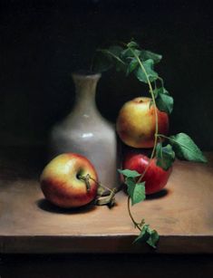 a painting of apples and a vase on a table