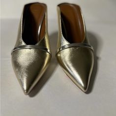 Brand New Beautiful Golden Shoes. All Leather, Hand Made In Italy. European Size 41, Equivalent To Us 10.5. Purchased In Nordstrom Rack By My Husband, But Unfortunately, 4” Heels Are Too High For Me. No Box Luxury Gold Slip-on Heels, Designer Mules With Pointed Toe And Reinforced Heel, Chic Evening Slip-on Court Shoes, Gold Medium Width Slip-on Heels, Designer Pointed Toe Mules With 4-inch Heel, Party Calf Leather Pointed Toe Mules, Pointed Toe Calf Leather Mules For Party, Pointed Toe Calf Leather Party Mules, Gold Calf Leather Heels With Pointed Toe