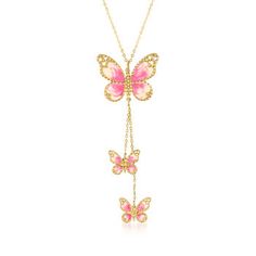 Ross-Simons - Italian Pink, White Enamel Butterfly Necklace in 14kt Yellow Gold. 20". Tap into your childhood with this whimsical necklace from Italy! Beautiful butterflies boast pink and white enamel wings in polished 14kt yellow gold. Suspends from a cable chain. Springring clasp, pink and white enamel butterfly necklace. Pink 14k Gold Pendant Necklace, Pink Sterling Silver Jewelry With Butterfly Charm, Sterling Silver Jewelry With Pink Butterfly Charm, Pink Butterfly Charm Pendant Necklace, Pink Enamel Pendant Necklaces, Pink Pendant Necklace With Butterfly Charm, Pink Pendant Necklace In Enamel, Whimsical Pink Sterling Silver Jewelry, Pink Butterfly Charm Pendant Jewelry