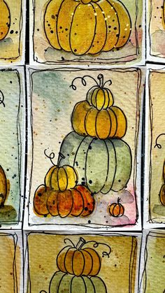 several pictures of pumpkins in different stages of being drawn by hand with colored pencils