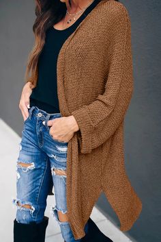 Brown Knit Cardigan Brown V-neck Sweater Coat For Spring, Solid Open Knit Cardigan, Knit Open Front Outerwear In Solid Color, Casual Oversized Knit Sweater Coat, Knit Open Front Outerwear, Knit Outerwear With Open Front In Solid Color, Long Casual Knitted Sweater, Casual Long Knitted Sweater, Brown Non-stretch Long Sleeve Outerwear