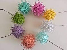 six different colored balls are arranged in a circle on a white surface with black string