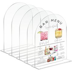 six clear acrylic display stands with different types of drinks and beverages on them